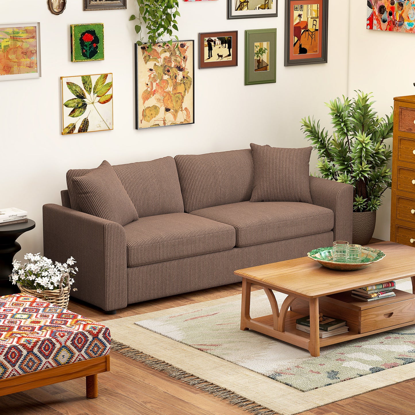 HOMCOM 3 Seater Sofa, 212cm Corduroy Couch with Spring Cushion, Wide and Deep Seat, Plush Backrest, 2 Pillows, Sofa Settee for Living Room, Home Office, Coffee