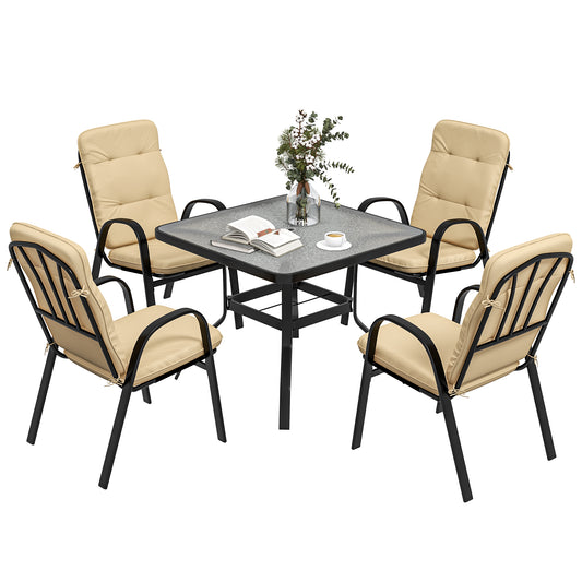Photo of Outsunny 5 Pieces Outdoor Square Garden Dining Set with Tempered Glass Dining Table 4 Cushioned Armchairs, Beige in Beige colour on a white background