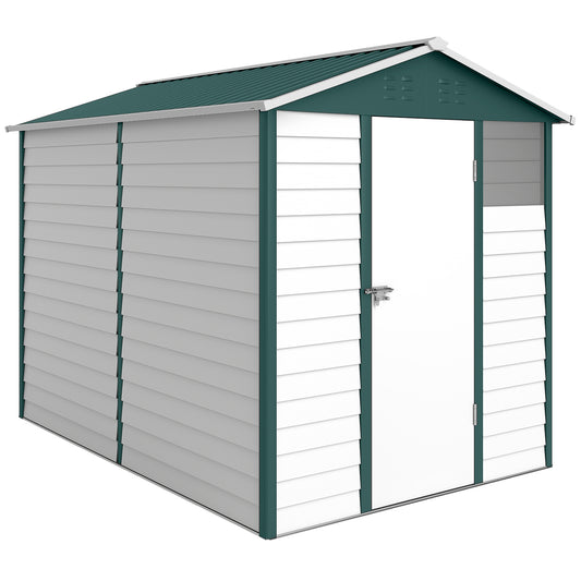 Photo of Outsunny 9x 6FT Metal Outdoor Garden Shed, Galvanised Tool Storage Shed w/ Sloped Roof, Lockable Door for Patio Lawn, Green in Green colour on a white background