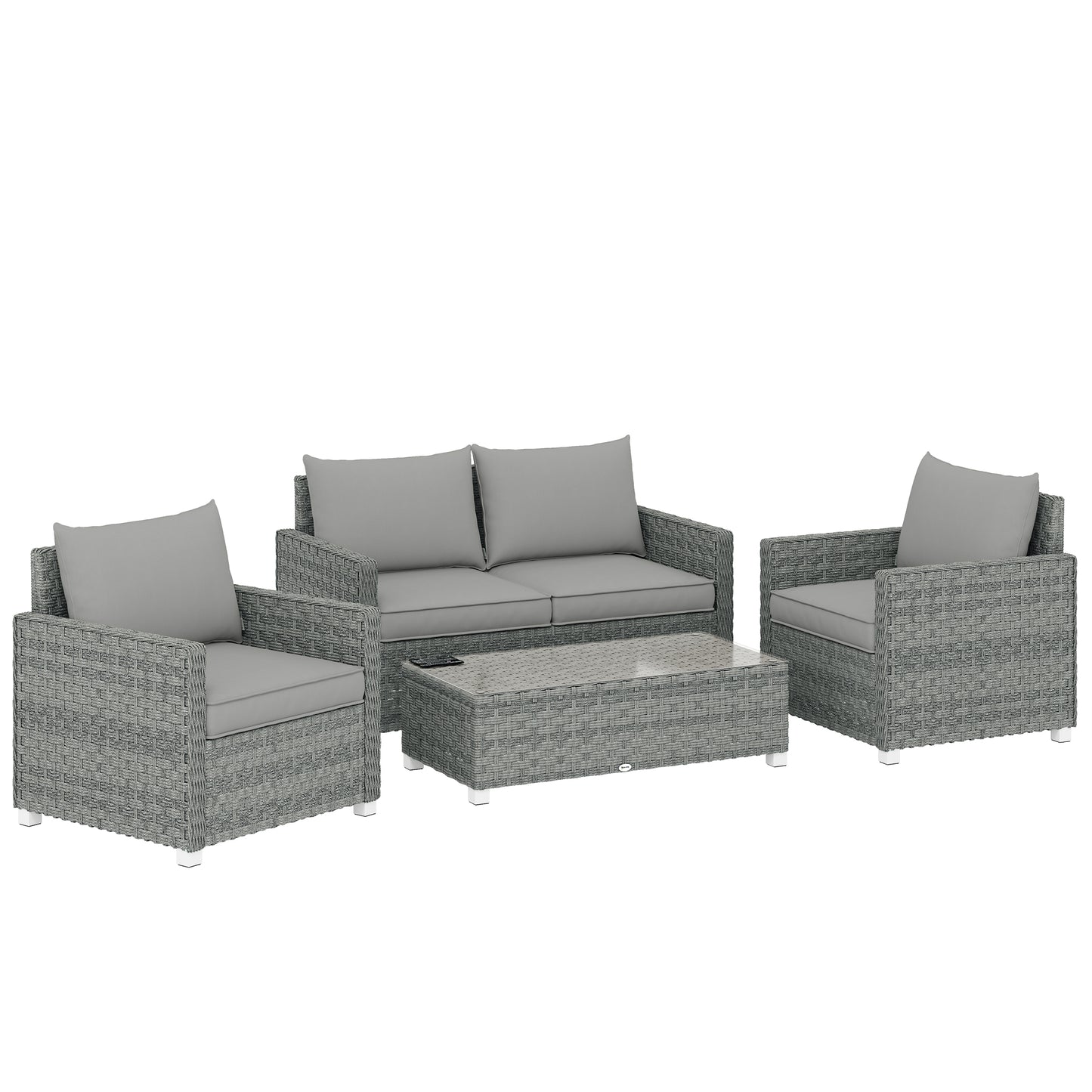 Photo of Outsunny 4 Piece Rattan Garden Furniture Set with Loveseat, 2 Armchairs, Glass-Top Table, Wicker Patio Conversation Set, Grey in Grey colour on a white background