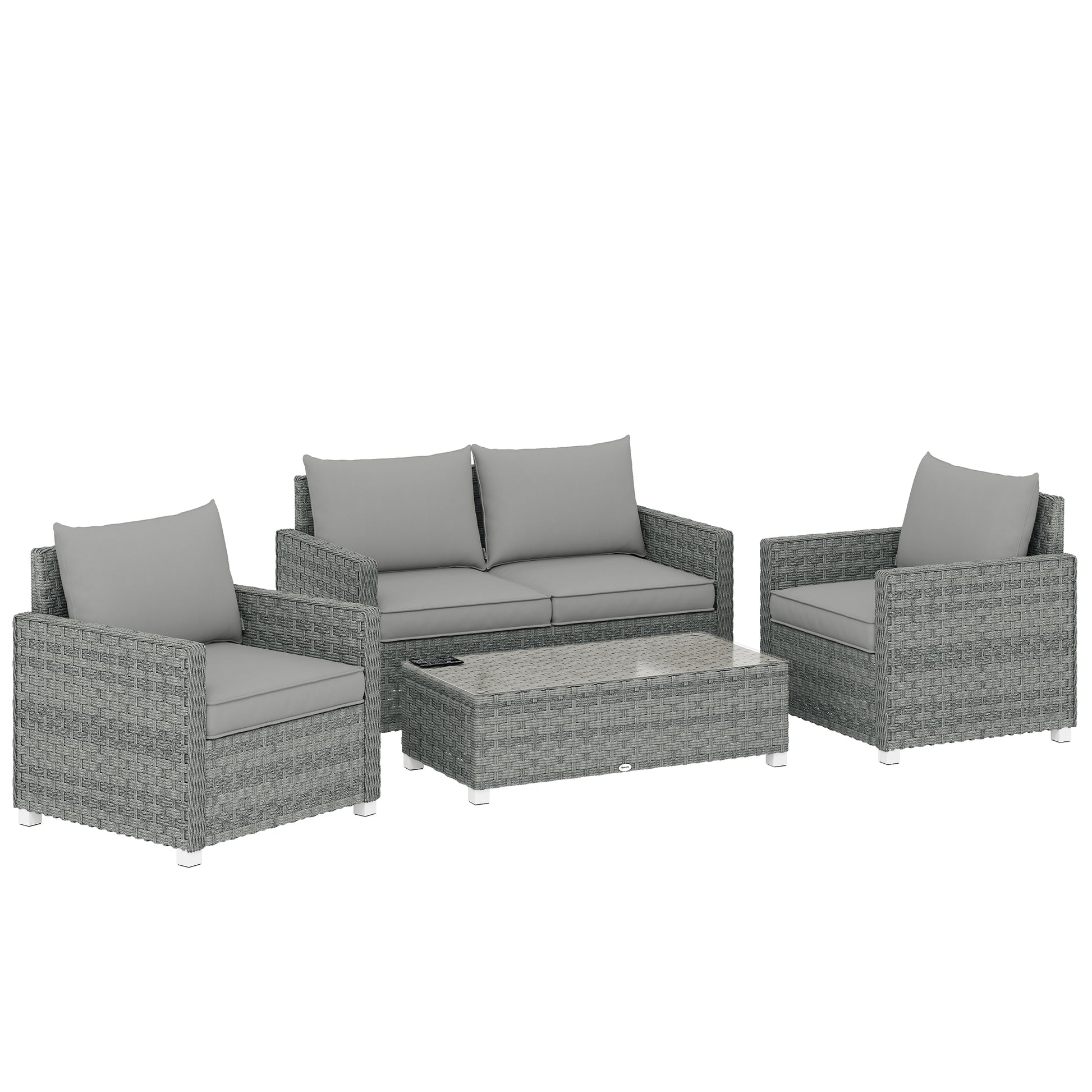 Photo of Outsunny 4 Piece Rattan Garden Furniture Set with Loveseat, 2 Armchairs, Glass-Top Table, Wicker Patio Conversation Set, Grey in Grey colour on a white background