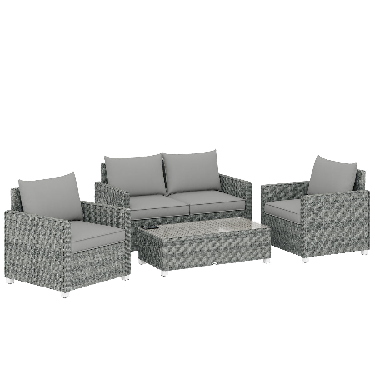 Photo of Outsunny 4 Piece Rattan Garden Furniture Set with Loveseat, 2 Armchairs, Glass-Top Table, Wicker Patio Conversation Set, Grey in Grey colour on a white background
