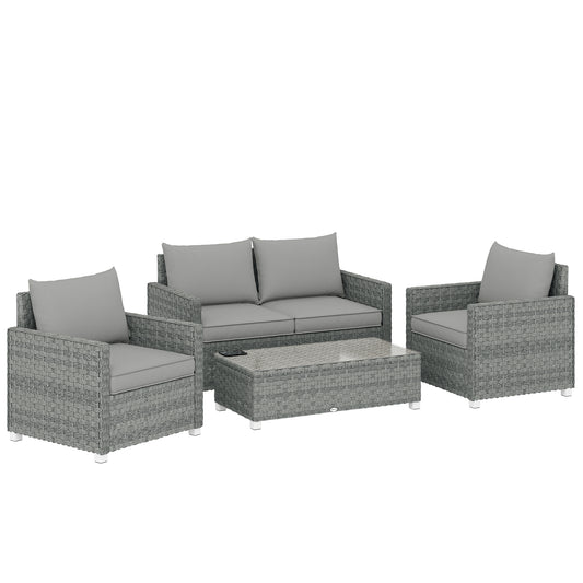 Photo of Outsunny 4 Piece Rattan Garden Furniture Set with Loveseat, 2 Armchairs, Glass-Top Table, Wicker Patio Conversation Set, Grey in Grey colour on a white background