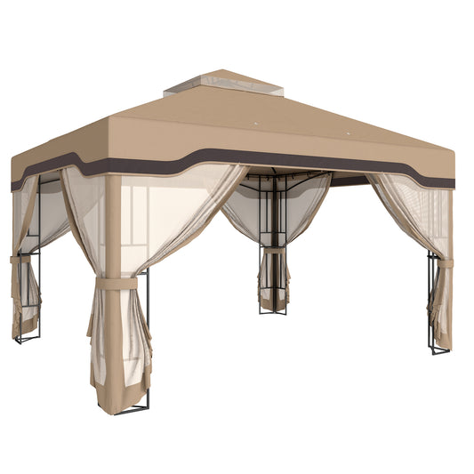 Photo of Outsunny 3 x 3.6 m Outdoor Garden Gazebo with Post Shelves, UPF50+ Patio Permanent Pavilion with Hook, Khaki in Khaki colour on a white background
