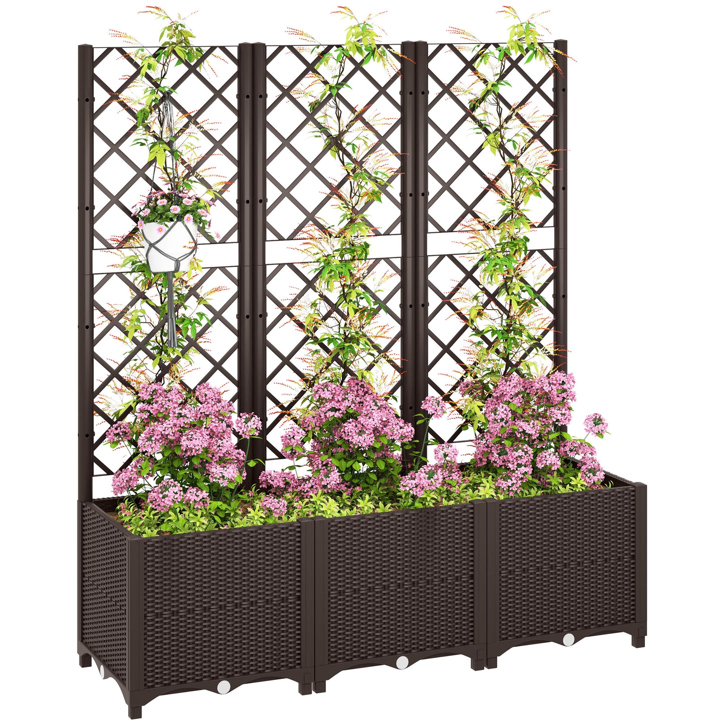 Photo of Outsunny Raised Garden Bed with Trellis, Plastic Planter Box with Drainage Holes, Drain Plugs and Water Reservoirs for Climbing Plants, Vegetables, Flowers, Brown in Brown colour on a white background