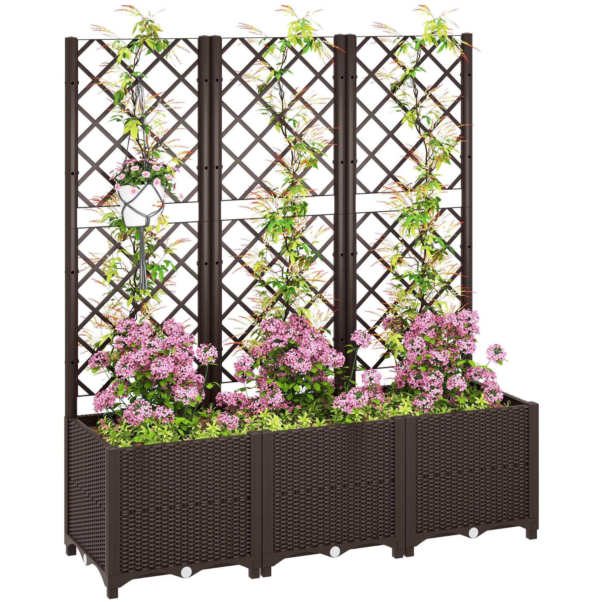 Photo of Outsunny Raised Garden Bed with Trellis, Plastic Planter Box with Drainage Holes, Drain Plugs and Water Reservoirs for Climbing Plants, Vegetables, Flowers, Brown in Brown colour on a white background