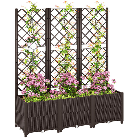 Photo of Outsunny Raised Garden Bed with Trellis, Plastic Planter Box with Drainage Holes, Drain Plugs and Water Reservoirs for Climbing Plants, Vegetables, Flowers, Brown in Brown colour on a white background