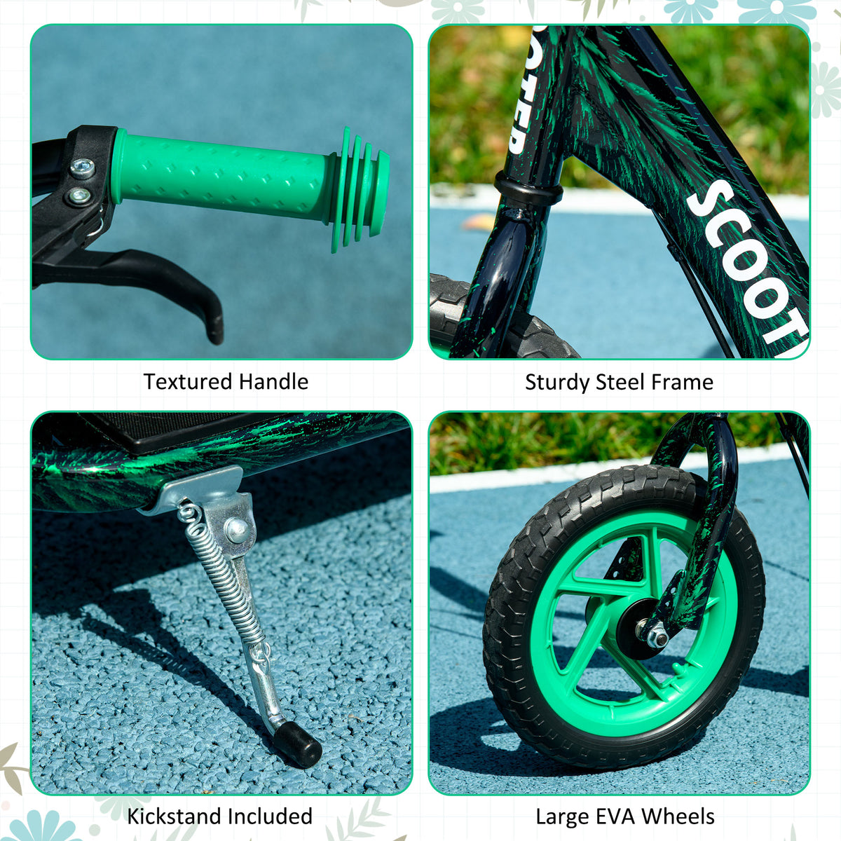 AIYAPLAY Kids Scooter with Adjustable Handlebar, Children's Kick Scooter with Non-slip Footplate, Rear Brake, Kickstand, Green