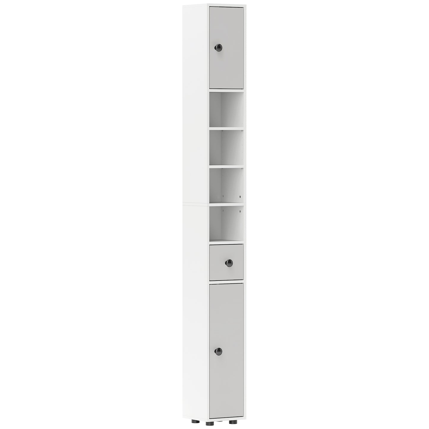 Photo of kleankin 180cm Slim Bathroom Cabinet, with Drawer, Shelves and Cupboards - Light Grey in Grey colour on a white background