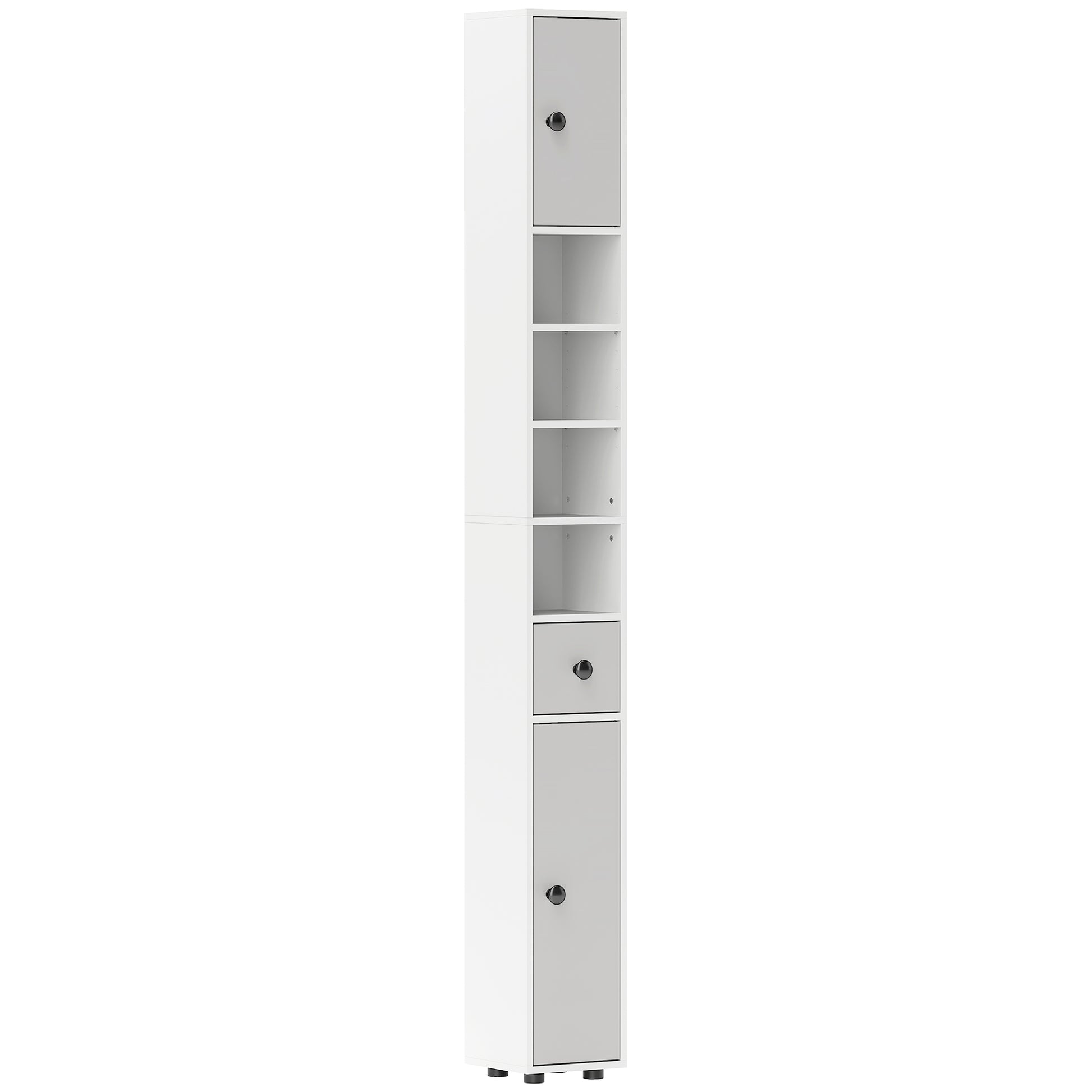 Photo of kleankin 180cm Slim Bathroom Cabinet, with Drawer, Shelves and Cupboards - Light Grey in Grey colour on a white background