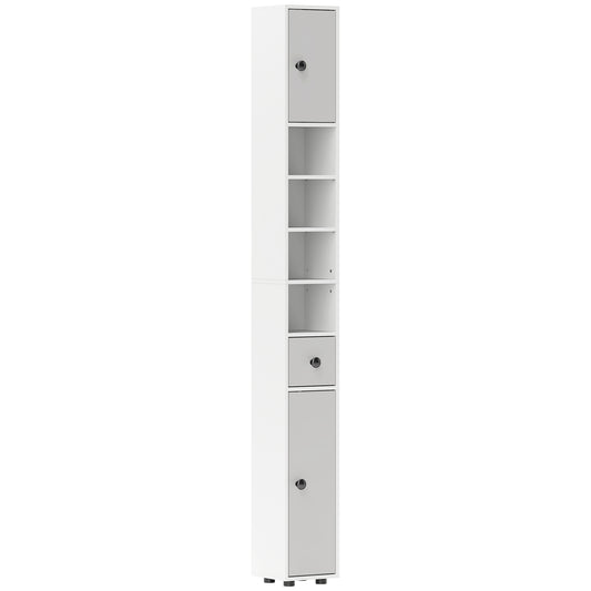 Photo of kleankin 180cm Slim Bathroom Cabinet, with Drawer, Shelves and Cupboards - Light Grey in Grey colour on a white background