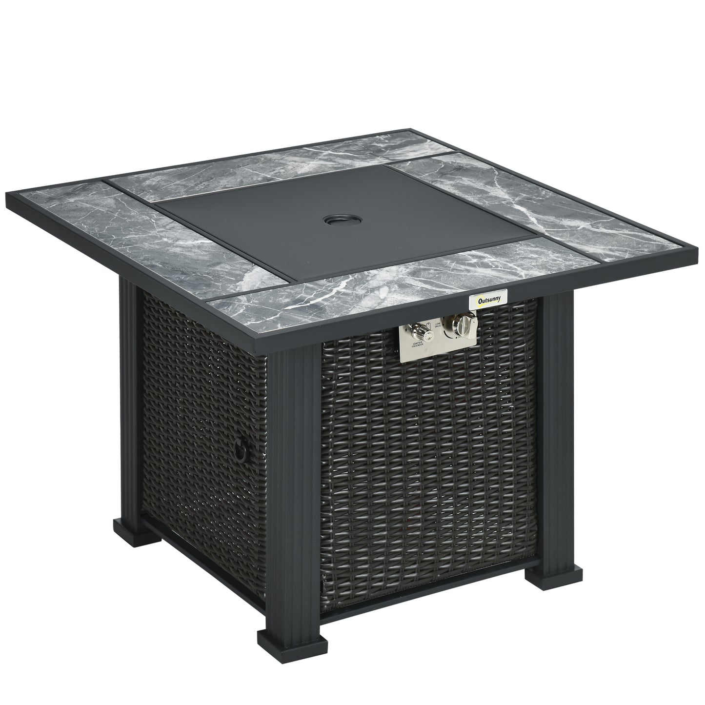 Photo of Outsunny Outdoor PE Rattan Gas Fire Pit Table, Patio Square Propane Heater with Marble Desktop, Rain Cover, Glass Windscreen, and Glass Stones, 50,000 BTU, Black in Black colour on a white background