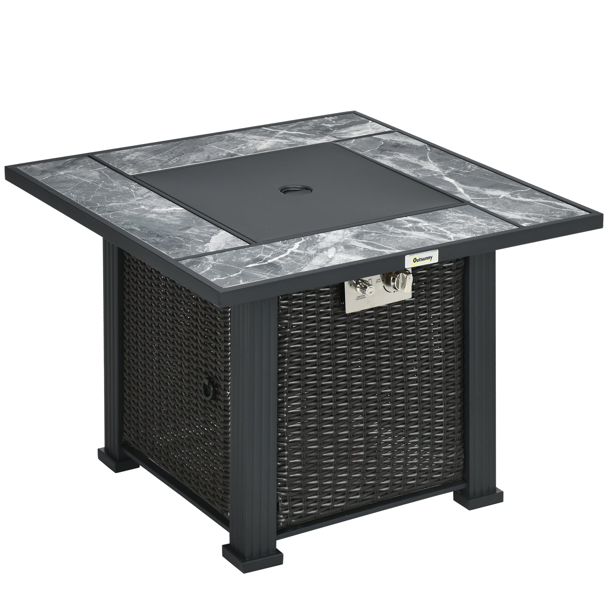 Photo of Outsunny Outdoor PE Rattan Gas Fire Pit Table, Patio Square Propane Heater with Marble Desktop, Rain Cover, Glass Windscreen, and Glass Stones, 50,000 BTU, Black in Black colour on a white background