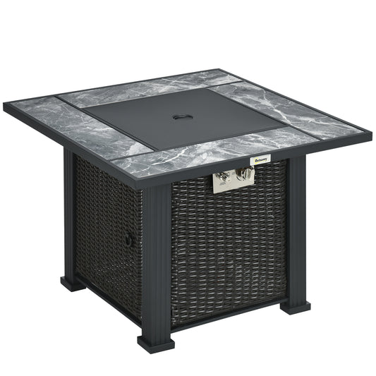 Photo of Outsunny Outdoor PE Rattan Gas Fire Pit Table, Patio Square Propane Heater with Marble Desktop, Rain Cover, Glass Windscreen, and Glass Stones, 50,000 BTU, Black in Black colour on a white background
