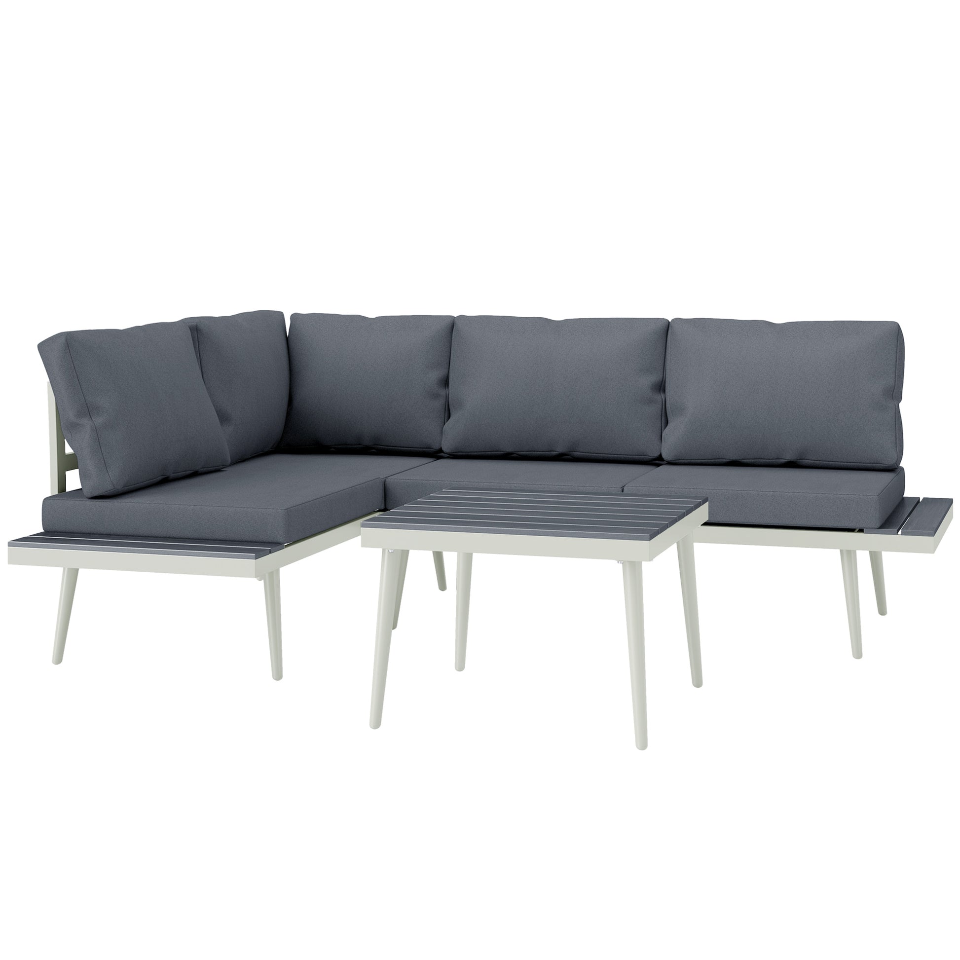 Photo of Outsunny 3 Piece Garden Furniture Set with 5-Level Adjustable Lounger, L Shaped Garden Corner Sofa with Cushions, Mesh Seat, Slatted Wood-Grain Table, Outdoor Furniture Set for Conservatory, Grey in Grey colour on a white background