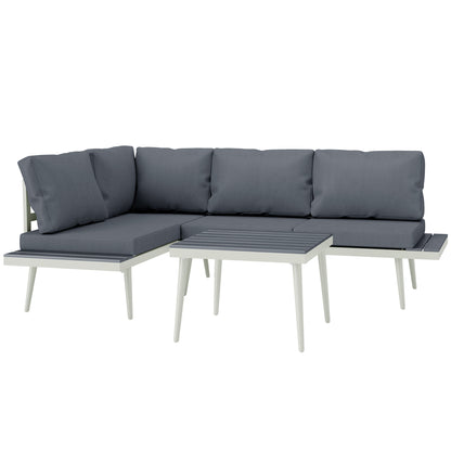 Gray L-shaped garden sofa with padded cushions and matching slatted coffee table