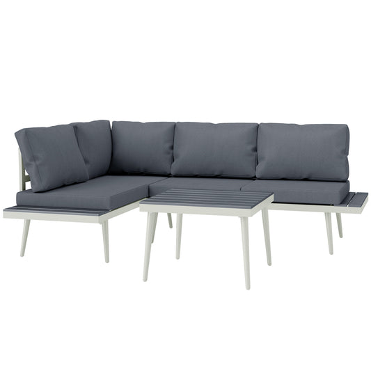 Photo of Outsunny 3 Piece Garden Furniture Set with 5-Level Adjustable Lounger, L Shaped Garden Corner Sofa with Cushions, Mesh Seat, Slatted Wood-Grain Table, Outdoor Furniture Set for Conservatory, Grey in Grey colour on a white background