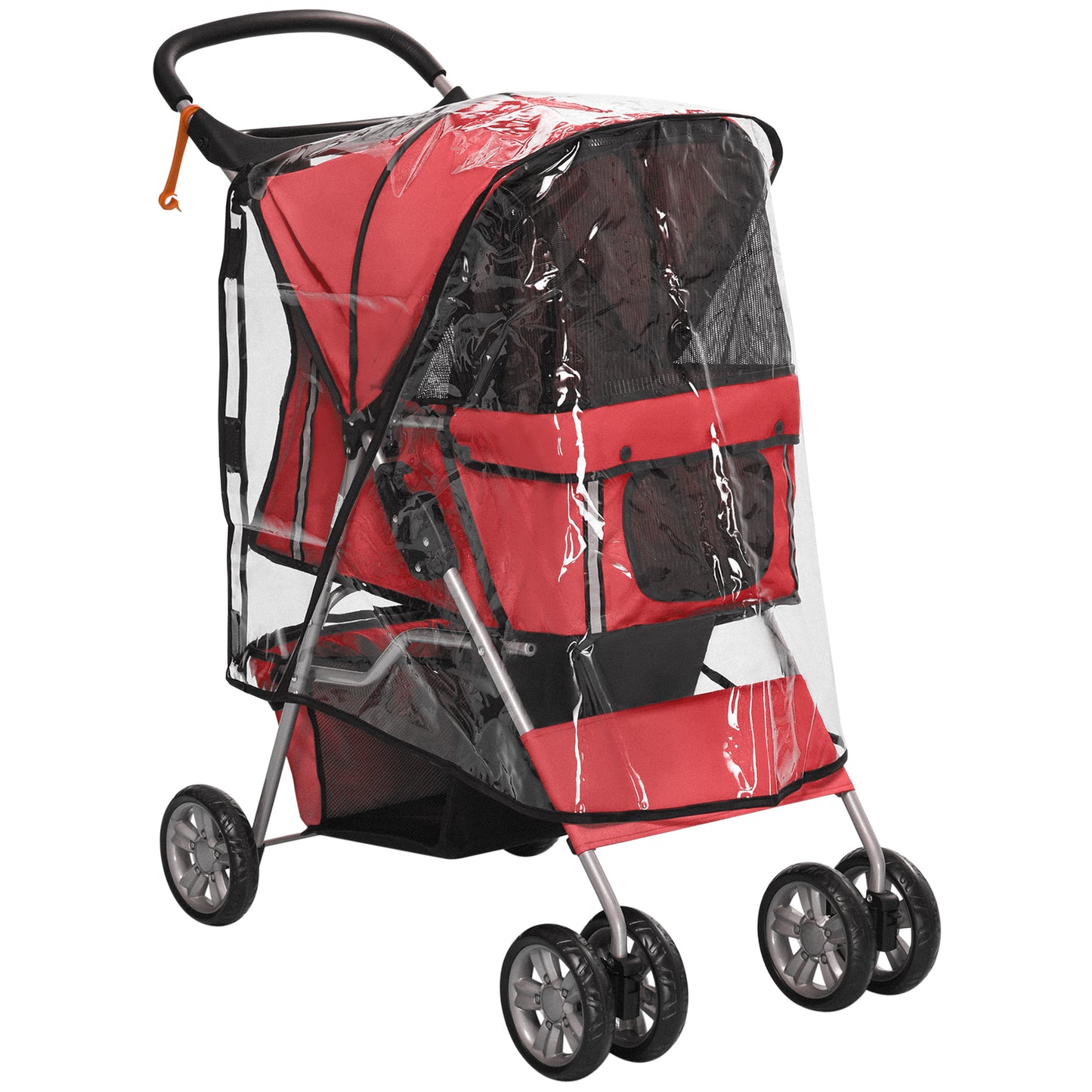 Photo of PawHut Dog Stroller with Rain Cover for Small Miniature Dogs, Folding Pet Pram with Cup Holder, Storage Basket, Reflective Strips, Red in Red colour on a white background