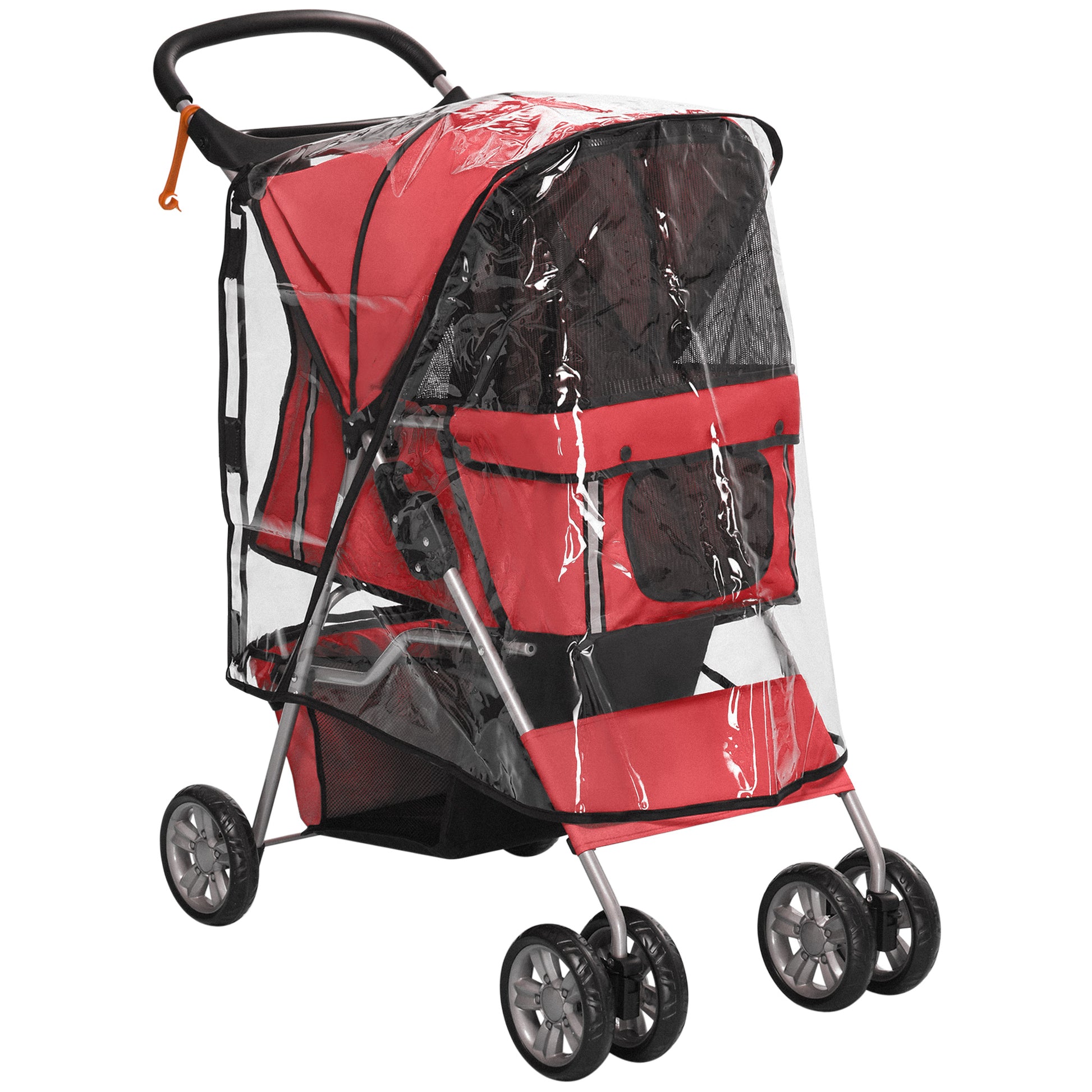 Photo of PawHut Dog Stroller with Rain Cover for Small Miniature Dogs, Folding Pet Pram with Cup Holder, Storage Basket, Reflective Strips, Red in Red colour on a white background