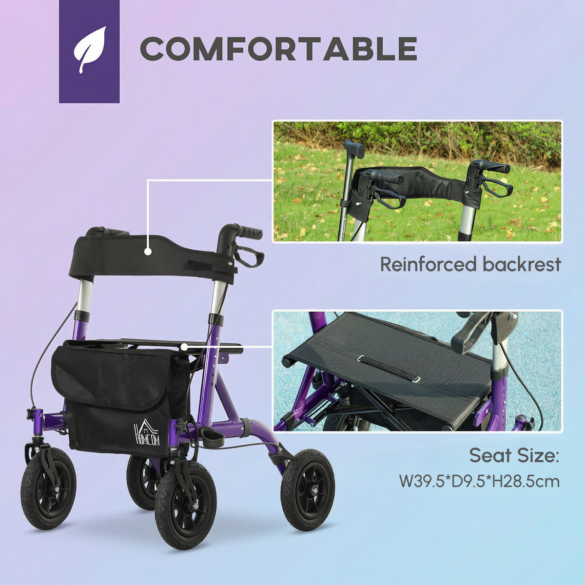 HOMCOM purple rollator with reinforced backrest, seat and storage bag