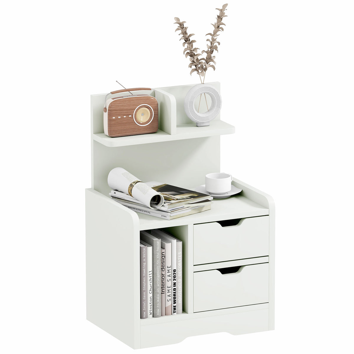 White HOMCOM bedside table with two drawers, open side shelf, and raised display shelf