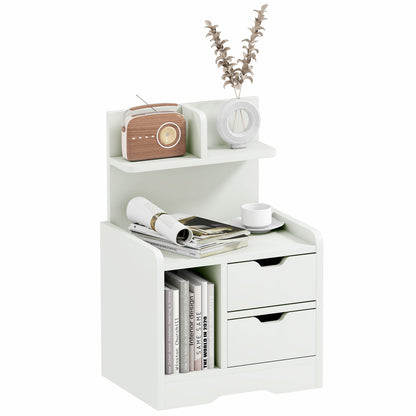 White HOMCOM bedside table with two drawers, open side shelf, and raised display shelf