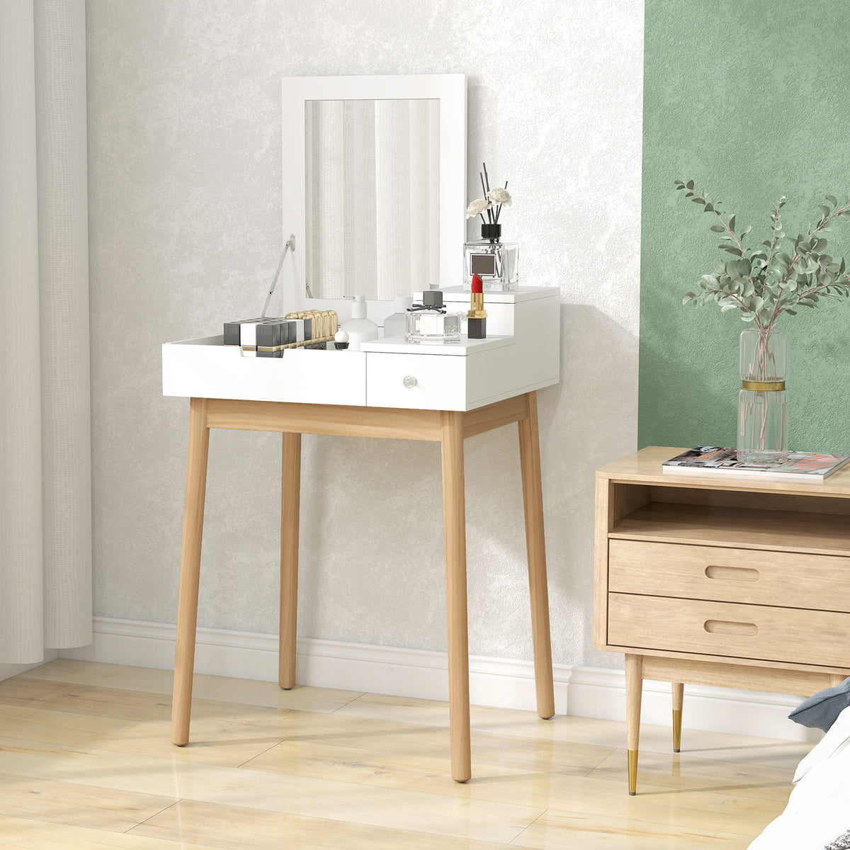 White vanity table with raised mirror, drawer, and pine legs