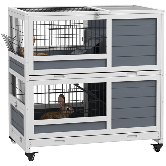 Photo of PawHut Double Deckers Guinea Pig Cage, Indoor Rabbit Hutch with Feeding Trough, Trays, Ramps, Openable Top - Grey in Grey colour on a white background