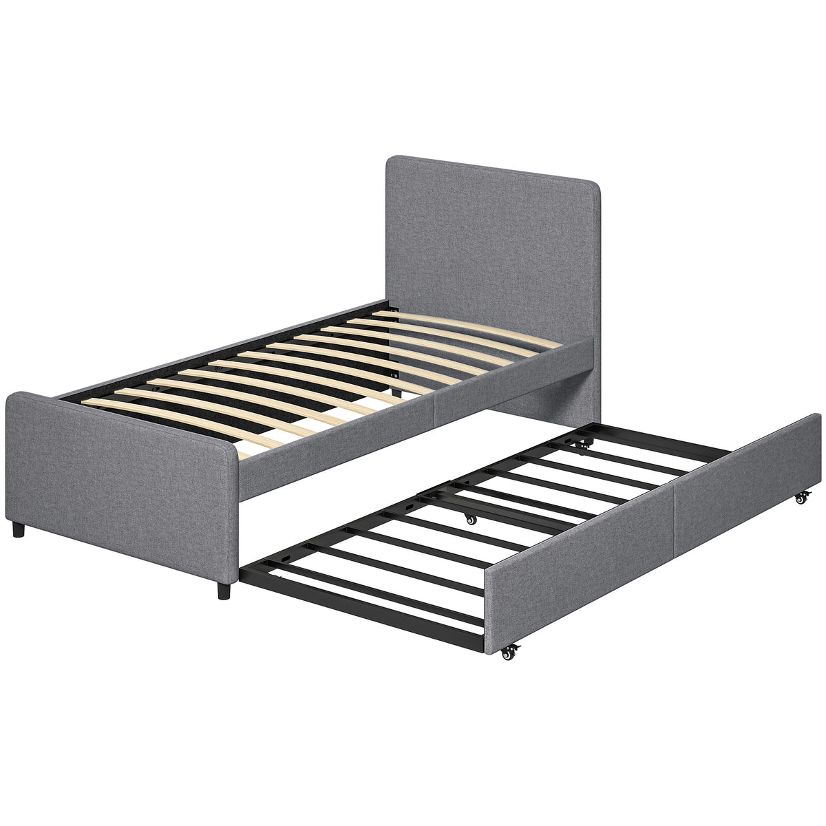 Photo of HOMCOM 3ft Single Bed Frame with Trundle, Upholstered Pull Out Trundle Bed with Headboard and Footboard, Dark Grey in Grey colour on a white background