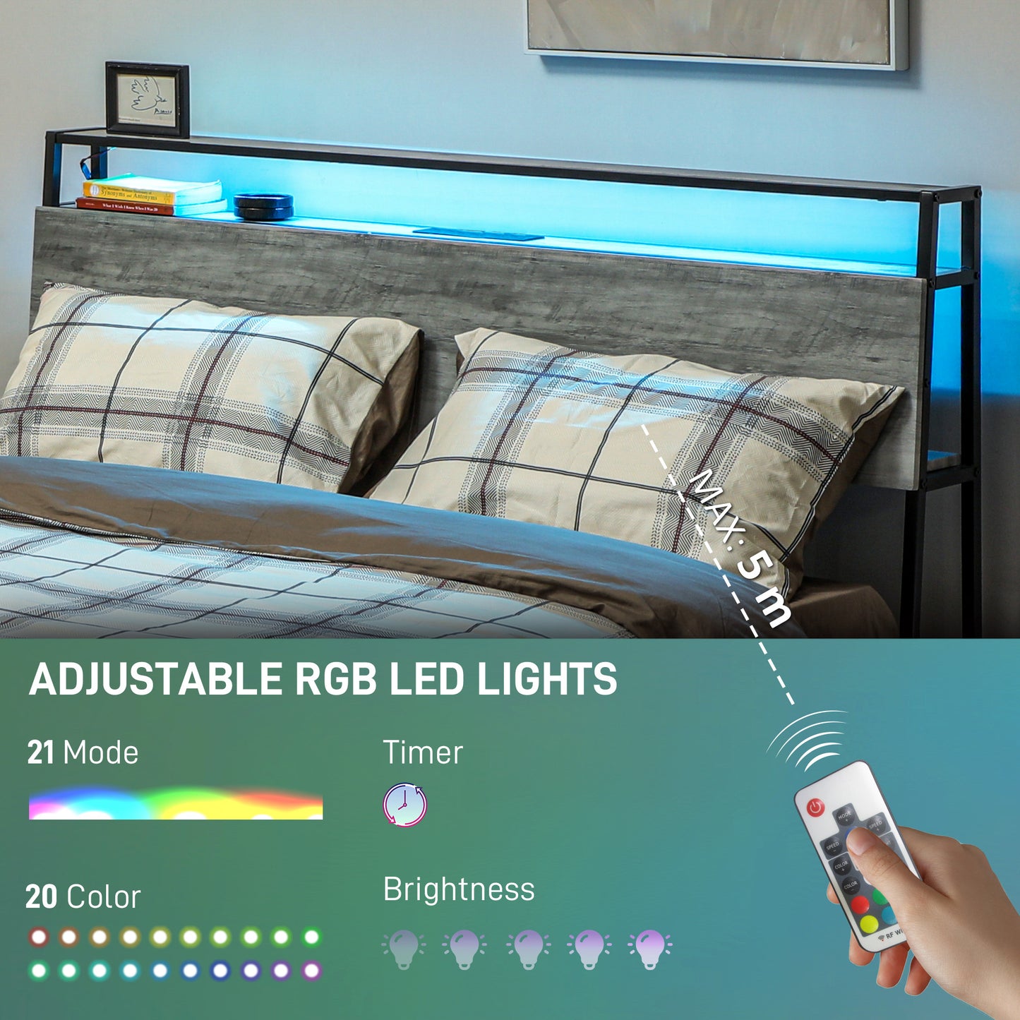 HOMCOM Double Steel Bed Frame, with LED Lights and Shelf - Grey