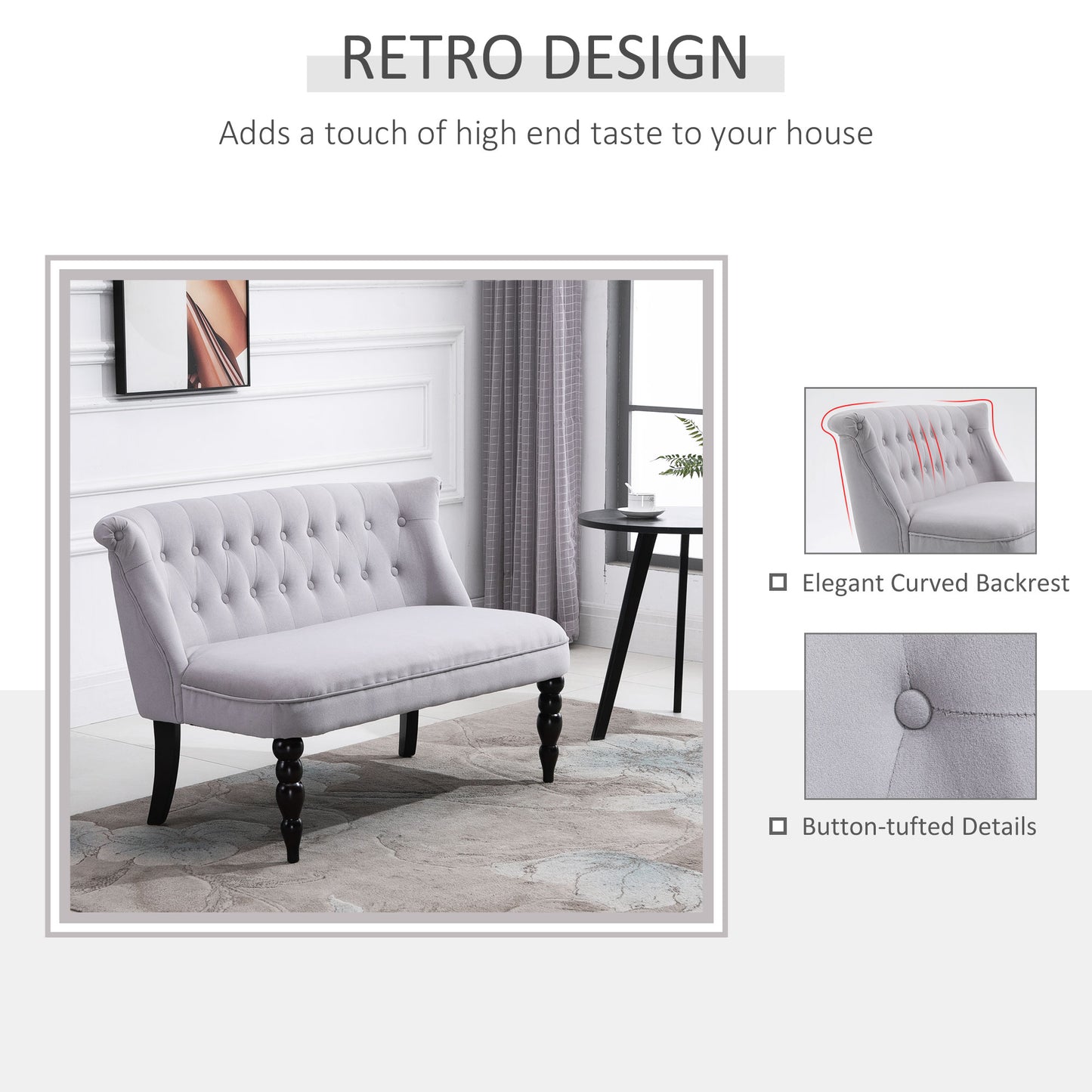 HOMCOM Velvet 2 Seater Sofa, Button Tufted Wingback Loveseat with Rubber Wood Legs for Living Room, Bedroom, Grey
