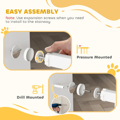 PawHut white pet gate pressure-mount and drill-mount fittings shown during assembly
