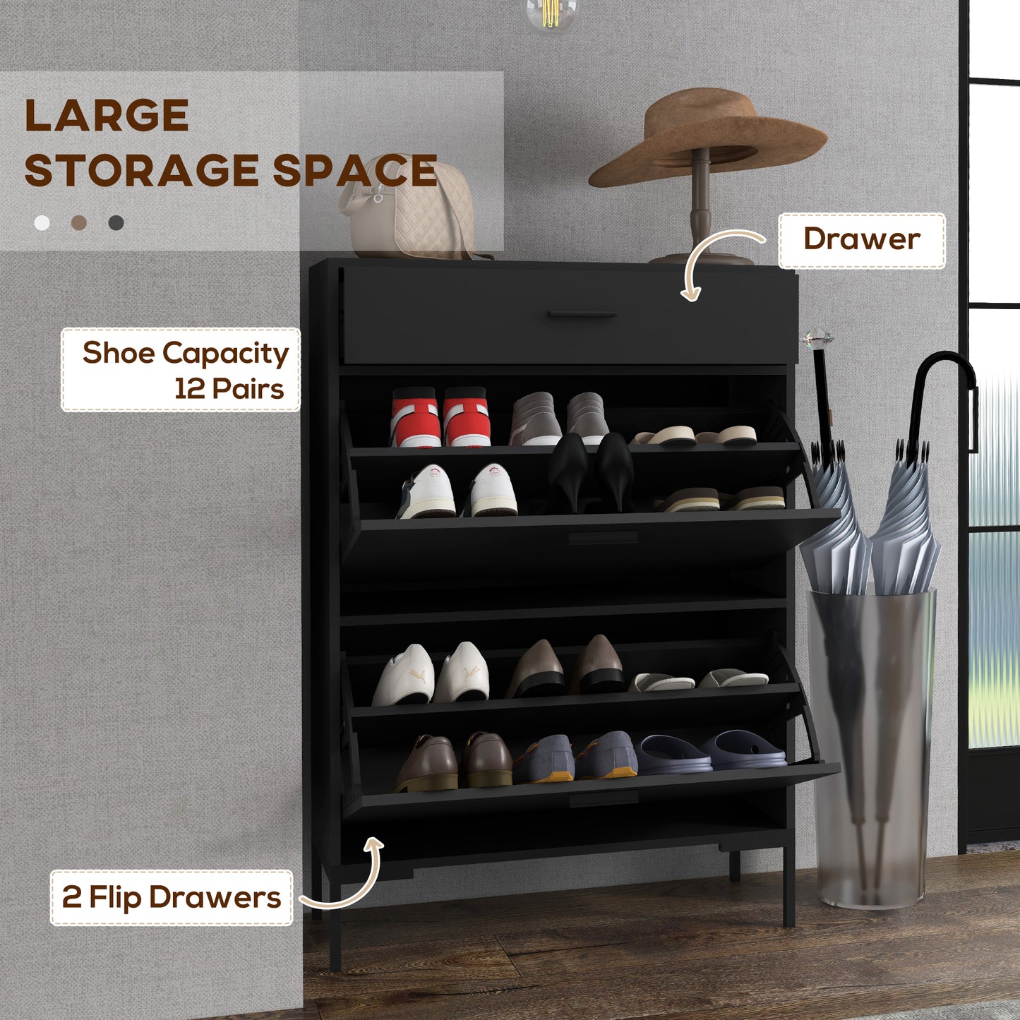 HOMCOM Three Drawer Slim Shoe Storage Cabinet, 12 Shoe Pairs - Black