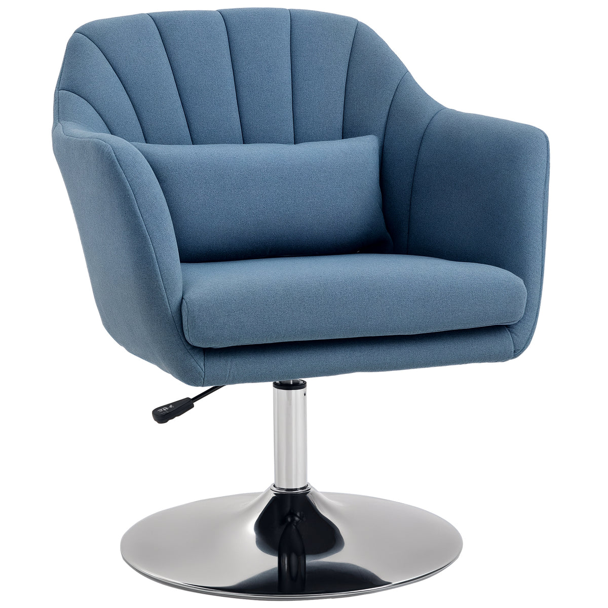 Blue linen swivel accent chair with lumbar pillow, curved arms, and round chrome base