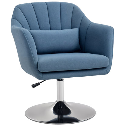 Blue linen swivel accent chair with lumbar pillow, curved arms, and round chrome base