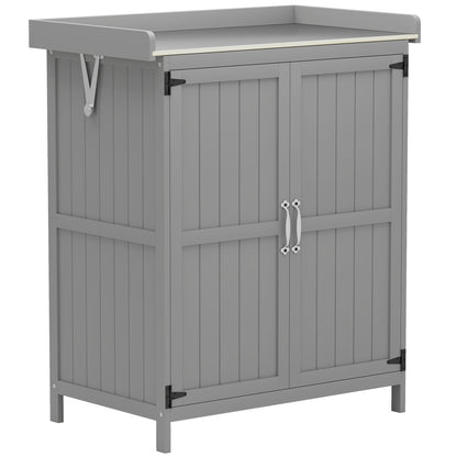 Grey wooden garden storage shed with double doors, metal handles, hinged roof and slatted sides