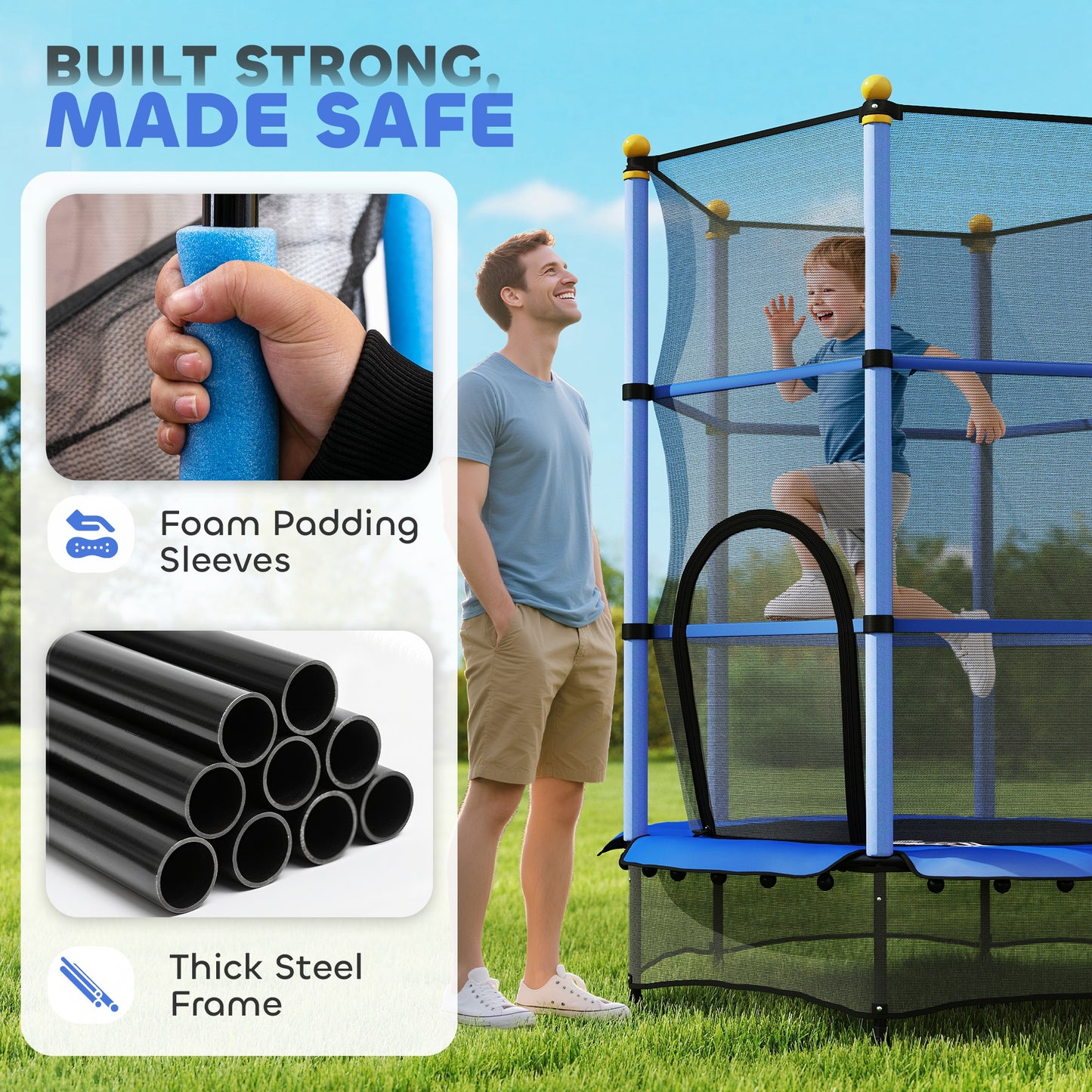 HOMCOM 4.6FT/55" Kids Trampoline with Enclosure Net, Outdoor Indoor Use, for Ages 3-10 Years, Blue