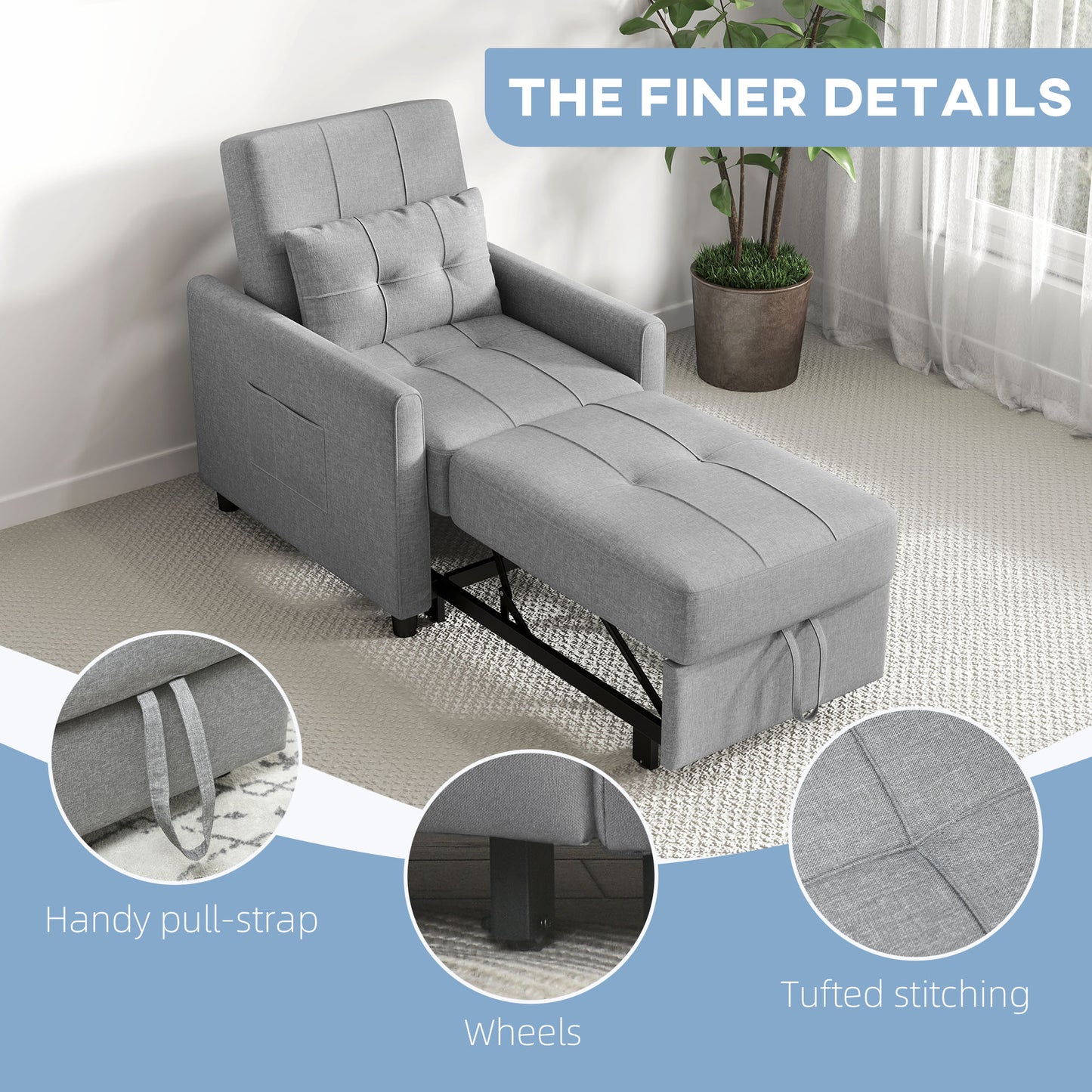 HOMCOM Linen-Look Single Chair Bed - Light Grey
