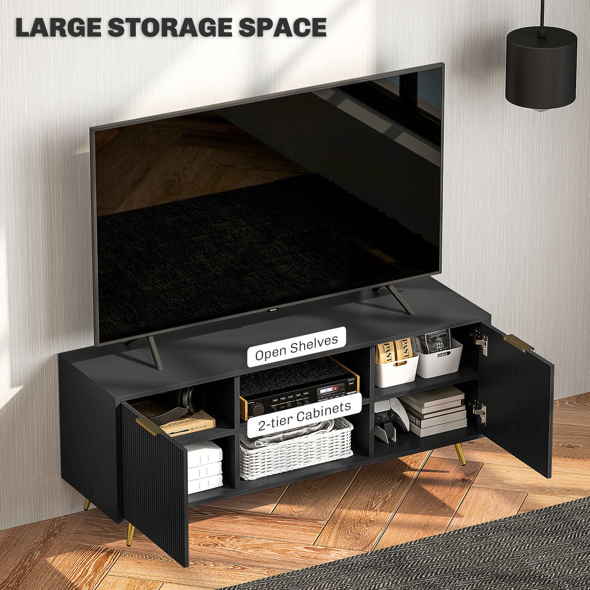 HOMCOM TV stand with cabinet doors open, revealing shelves and storage compartments
