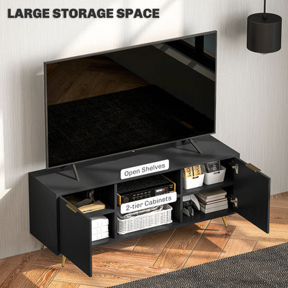 HOMCOM TV stand with cabinet doors open, revealing shelves and storage compartments