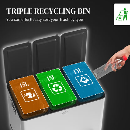 HOMCOM triple recycling bin with three 15L sorting compartments