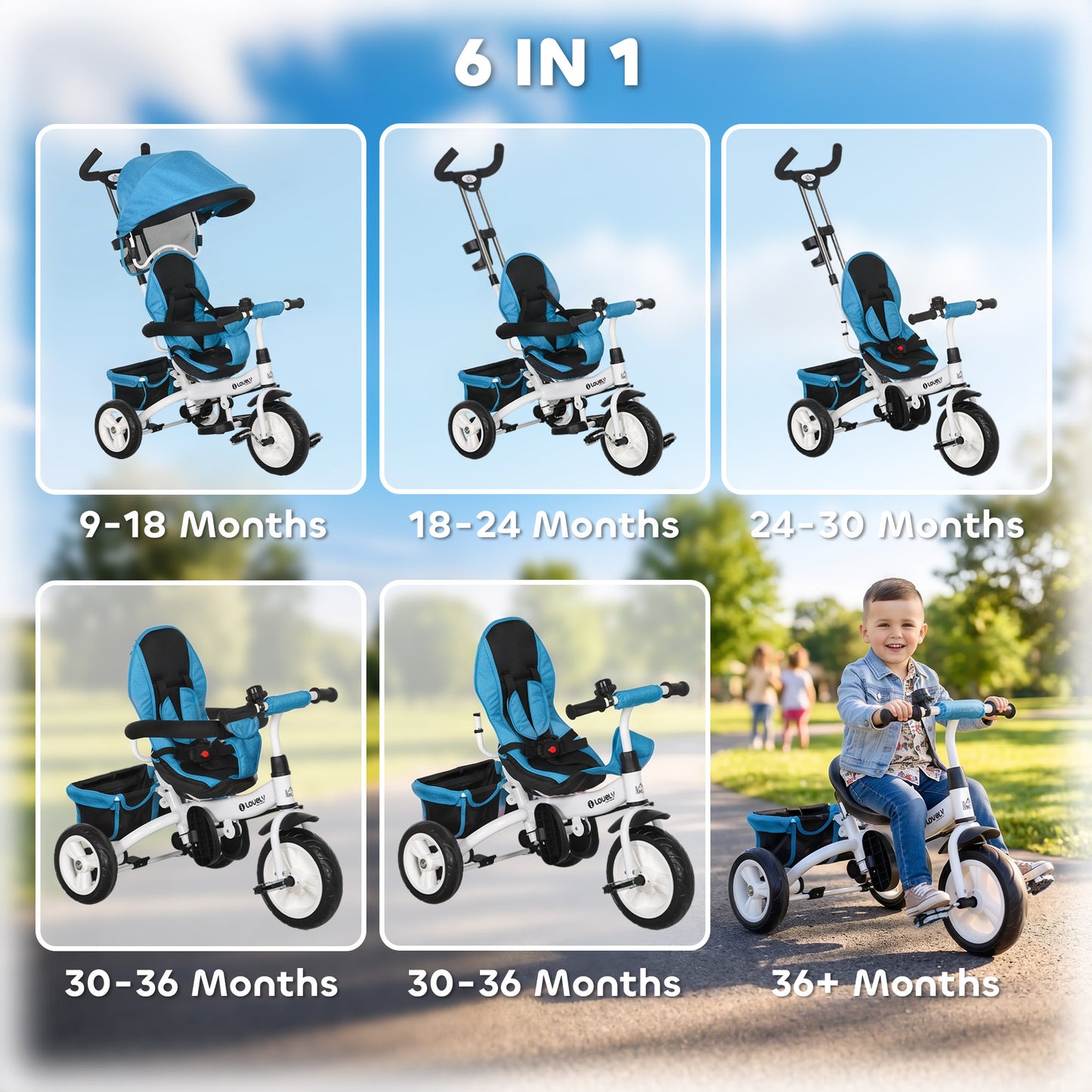HOMCOM 6 in 1 Kids Trike Push Bike w/ Push Handle, Canopy, 5-point Seat Belt, Storage, Footrest, Brake, for 1-5 Years, Blue