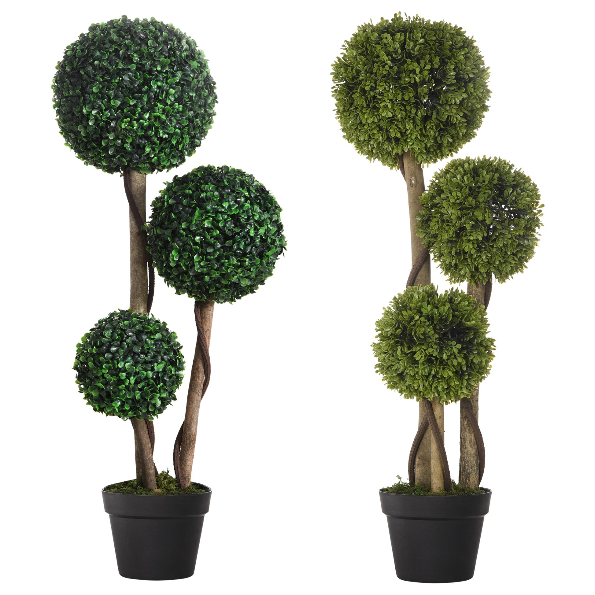 Photo of HOMCOM Decorative Artificial Plants Set of 2, Boxwood Ball Topiary Trees in Pot Fake Plants for Home Indoor Outdoor Decor, 90 cm, Dark Green in Green colour on a white background