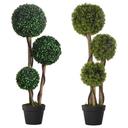 Photo of HOMCOM Decorative Artificial Plants Set of 2, Boxwood Ball Topiary Trees in Pot Fake Plants for Home Indoor Outdoor Decor, 90 cm, Dark Green in Green colour on a white background