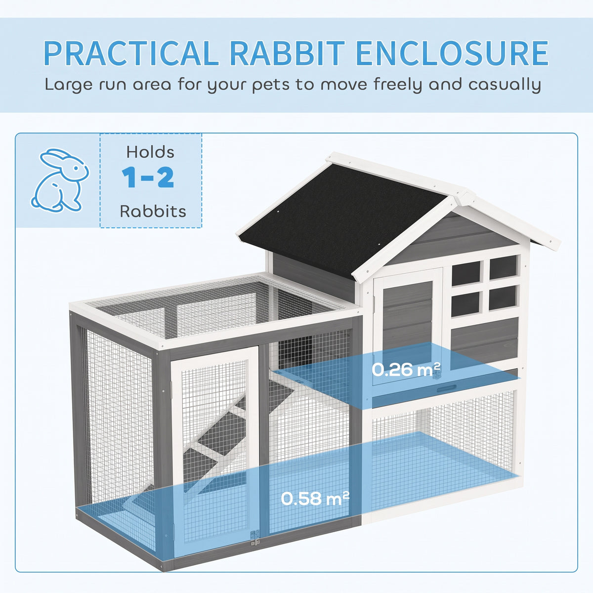 Grey and white wooden rabbit hutch with attached wire-mesh run and raised shelter
