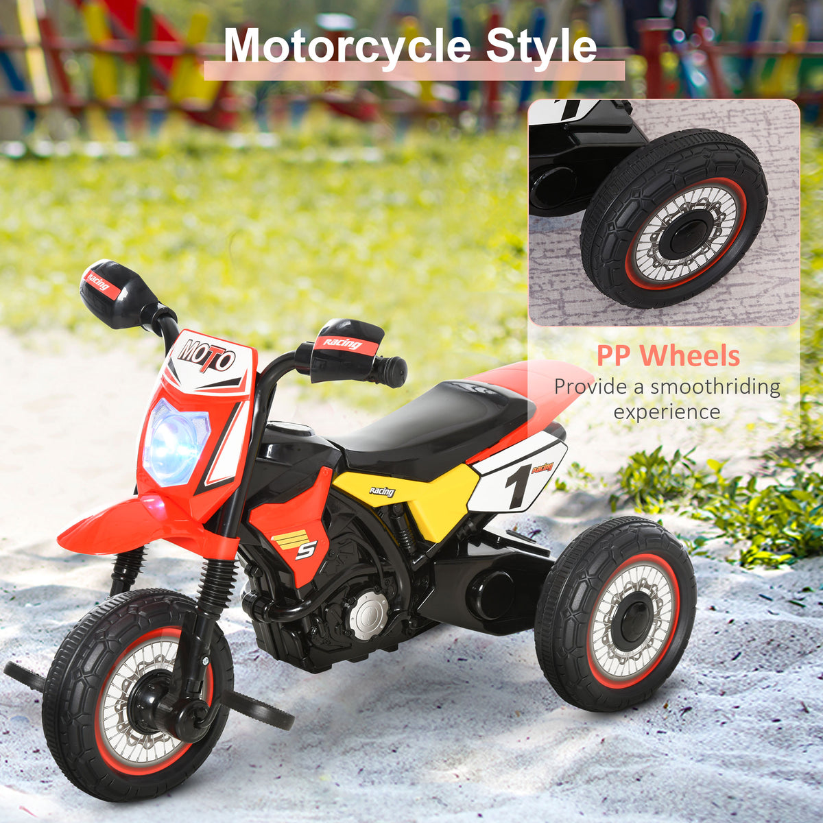 Red toddler ride-on tricycle with black seat, three wheels and motorcycle-style decals