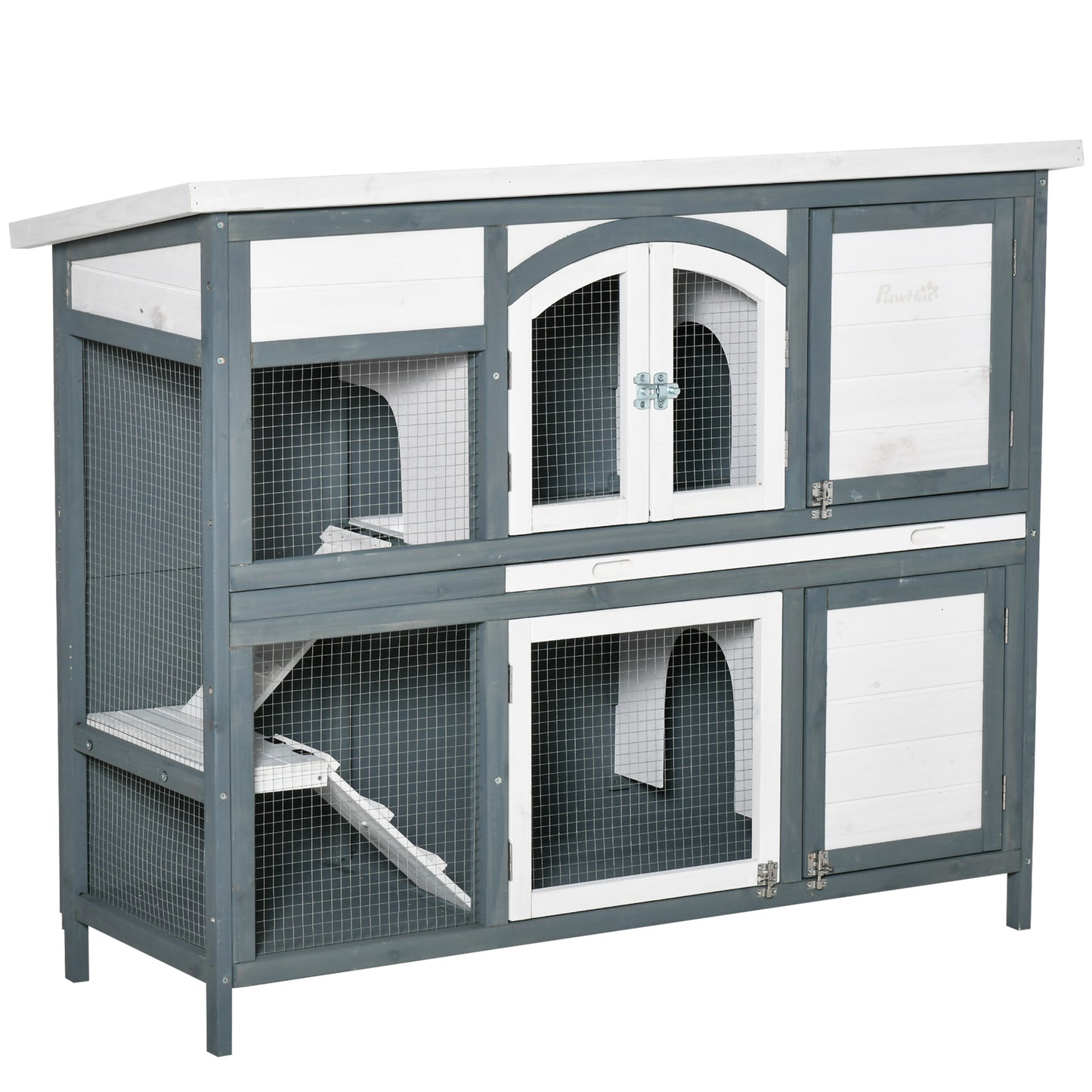Photo of PawHut Rabbit Hutch Outdoor Guinea Pig Hutch 2 Tier Wooden Cage w/ Ramp, Divider, Openable Roof, 125 x 48 x 100cm - Grey in Grey colour on a white background