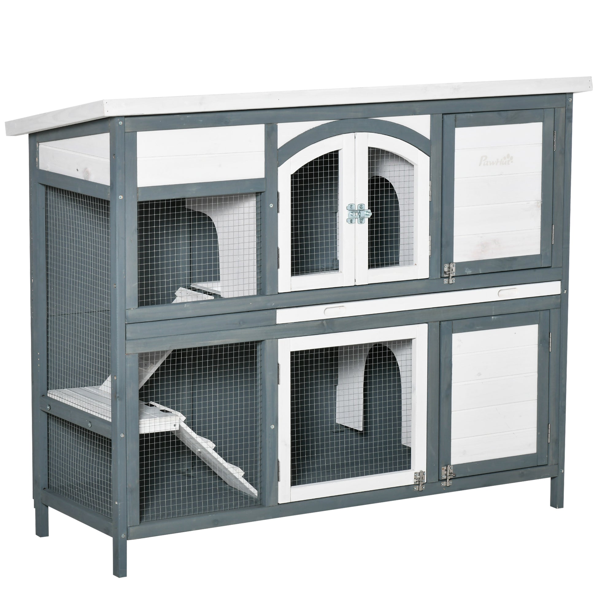 Photo of PawHut Rabbit Hutch Outdoor Guinea Pig Hutch 2 Tier Wooden Cage w/ Ramp, Divider, Openable Roof, 125 x 48 x 100cm - Grey in Grey colour on a white background