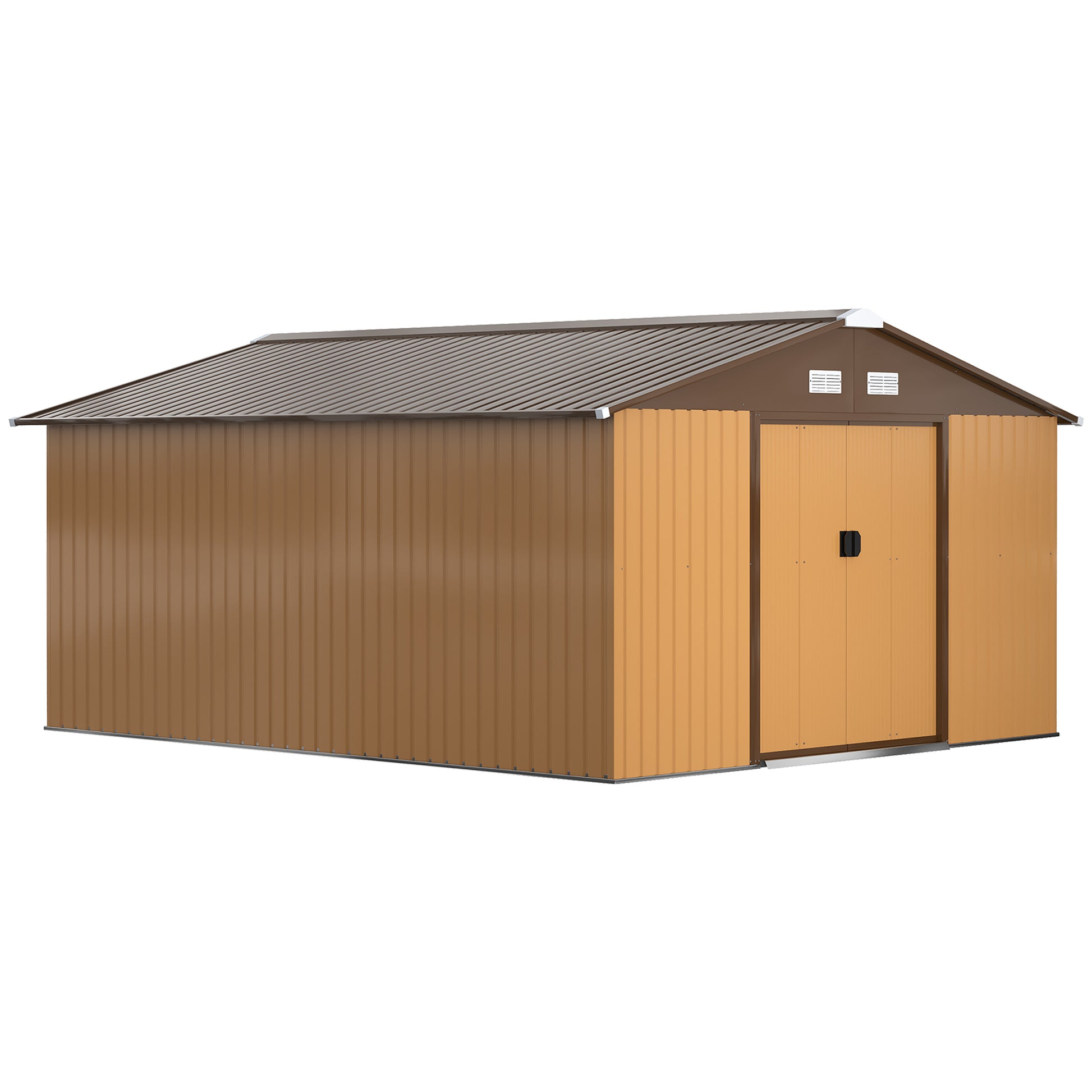Photo of Outsunny 13 x 11ft Metal Garden Shed, Waterproof Outdoor Bike Storage Shed Galvanised with Vents, Foundation Kit, Apex Roof and Lockable Double Doors for Patio Lawn, Light Brown in Brown colour on a white background