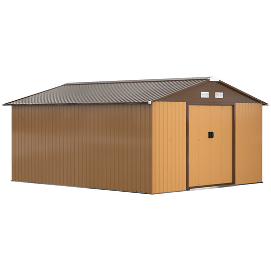 Photo of Outsunny 13 x 11ft Metal Garden Shed, Waterproof Outdoor Bike Storage Shed Galvanised with Vents, Foundation Kit, Apex Roof and Lockable Double Doors for Patio Lawn, Light Brown in Brown colour on a white background